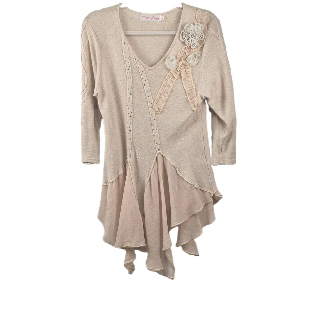 Romantic Lagenlook Linen Blend Tunic Pretty Angel Size L Floral Appliqué